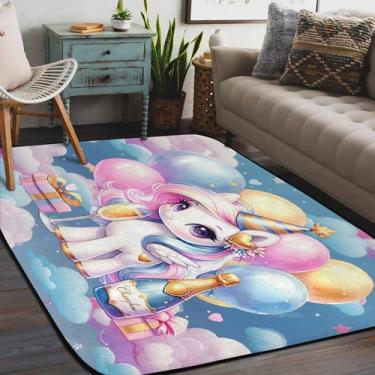 Imagem de Tapete de área para sala de estar, lavável à máquina, bonito balão unicórnio, tapete antiderrapante, tapete macio para sala de estar, quarto, sala de jantar, berçário, cozinha, decoração de casa