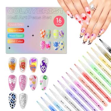 Imagem de ordaily Conjunto de canetas de arte de unhas de 16 cores, marcadores de arte de unhas para desenho de unhas faça você mesmo, pontilhar e listrar, ferramentas de design de manicure para salão e uso