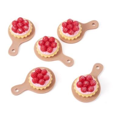 Imagem de Magibeads Pingentes de bolo de framboesa, 5 peças, pingentes de comida de resina com prato furit, decorações de bolo de creme de morango, faça você mesmo, joias para fazer joias de casa de bonecas