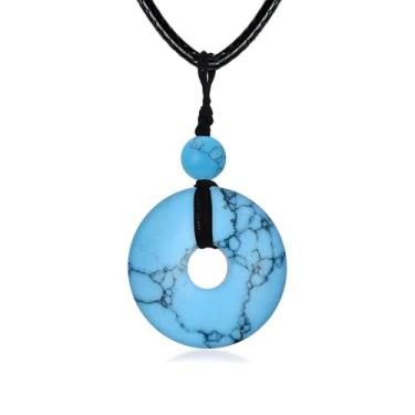 Imagem de Pextrid Colar feminino turquesa/lápis-lazúli/olho de tigre/malaquita/pedra da lua, colar com pingente de pedra nua, joia de presente para mulheres, com corrente de corda de couro de 45 cm + 5 cm