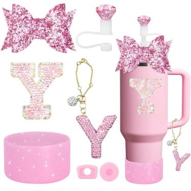 Imagem de Conjunto de acessórios de copo Stanley de 7 peças, pingente de letra para copos Stanley, incluindo canudo de diamante, canudo de laço, bota de silicone brilhante para Owala 850 g e 1,134 g (rosa Y)