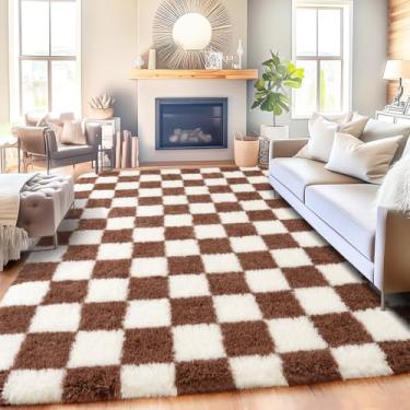 Imagem de Quntue Tapete quadriculado para sala de estar 15 x 23 cm, tapete de área grande ultramacio felpudo para quarto, tapete antiderrapante moderno de pelúcia macio para quarto de crianças, meninas e