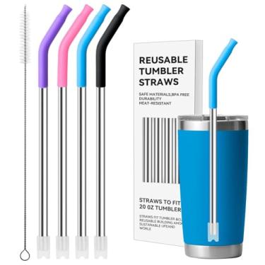 Imagem de Bluwing Canudos de metal com ponta de silicone para copo YETI de 590 ml, 4 canudos reutilizáveis de aço inoxidável para copo Stanley de 590 ml e copos de vidro de 473 ml (cor 2)