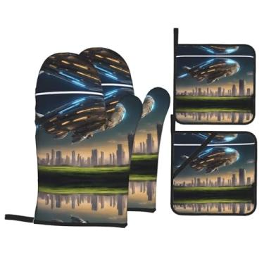 Imagem de UFO at Night - Conjunto de luvas de cozinha estampadas com suportes de tampa, luvas de forno resistentes ao calor para manusear panelas quentes, grelhar, churrascos, kit de 4 peças.
