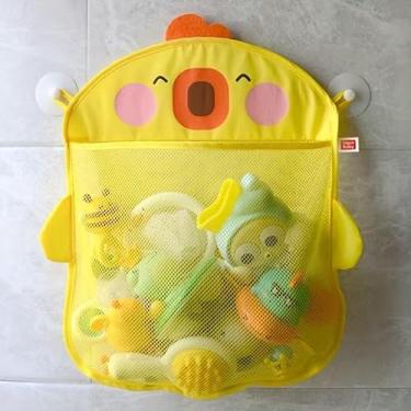 Imagem de 1 bolsa organizadora de malha com tema de pintinho amarelo – linda bolsa de banho de desenho animado com ventosa e alças resistentes, rede de armazenamento de tecido para presente de chuveiro e itens