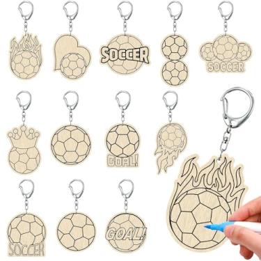 Imagem de RattanView 24 peças de artesanato de futebol colorido seus próprios chaveiros DIY artesanato de madeira em branco para escola dominical, sala de aula, casa, lembrancinhas de festa, presentes, 12