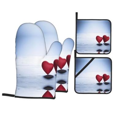 Imagem de Red Hearts - Conjunto de luvas de cozinha estampadas com suportes de tampa, luvas de forno resistentes ao calor para lidar com panelas quentes, grelhar, churrascos, kit de 4 peças.
