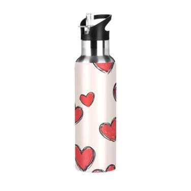 Imagem de Wassud Garrafa de água de aço inoxidável com padrão de corações, garrafa de água com isolamento de palha, copo portátil para viagem, 946 ml