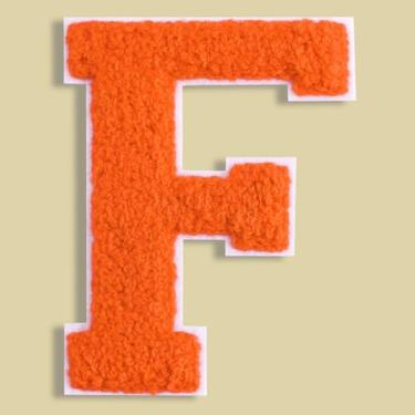 Imagem de QianSiLi Adesivos de letras universitárias de chenille laranja de 11 cm, letras grandes para jaquetas Letterman, moletons com capuz, mochilas, coletes, roupas, adesivos individuais da letra F