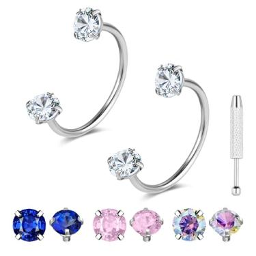 Imagem de G23 Anéis de nariz de titânio ferradura ouro prata 20 g anel de nariz de sapato de cavalo argolas de aço cirúrgico meia cartilagem tragus brinco argola rosca interna dupla zircônia cúbica nariz septo
