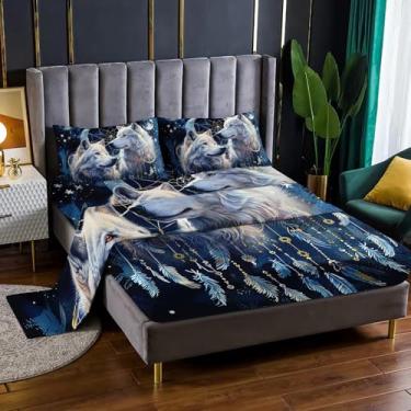 Imagem de Nttopship Jogo de cama solteiro de animais lobo com 4 peças, bolsos profundos de 41 cm, decoração de quarto de lobo em aquarela, conjunto de cama com 4 peças (1 lençol + 1 lençol + 2 fronhas)