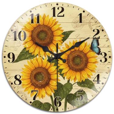 Imagem de peacoblue Relógios de parede operados por bateria girassol 30,5 cm vidro redondo relógio de parede sem tique-taque para cozinha, sala de estar, sala de jantar, quarto e banheiro acessórios de