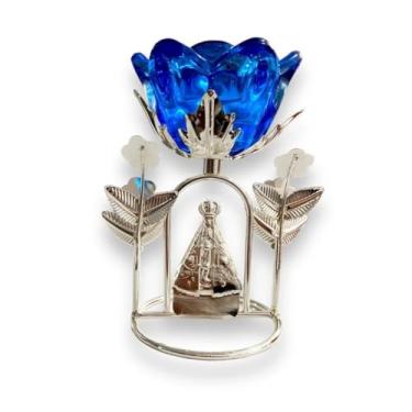 Imagem de Porta Vela Castiçal com Flor de Vidro e Base de Metal, Inclui Mini Vela(Azul)