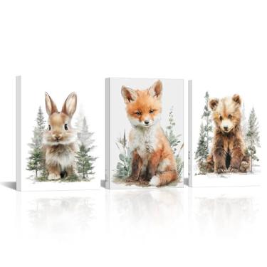 Imagem de AoArtWZ 3 peças de arte de parede em tela de animais fofos coelho raposa urso imagem de animais selvagens decoração de parede para quarto fácil de pendurar 30,5 x 40,6 cm x 3 peças