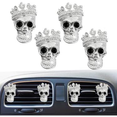 Imagem de 4 peças de clipes de saída de ar de carro de caveira de coroa de cristal fofo, clipe de saída de ar condicionado automotivo de strass de cristal, pingente difusor de purificador de ar, acessório de