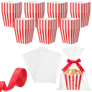 Imagem de Pajean 24 conjuntos de caixas de pipoca de carnaval com sacos de celofane e fita de 12 cm x 12 cm x 9 cm de papel listrado de papelão, petisco, biscoitos, doces para lembrancinhas de festa de