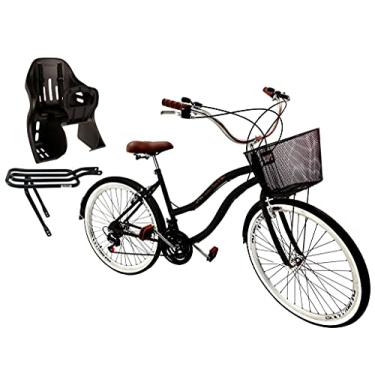 Imagem de Bicicleta Aro 26 Retrô 18v C/Cadeirinha Infantil Preta Traseira