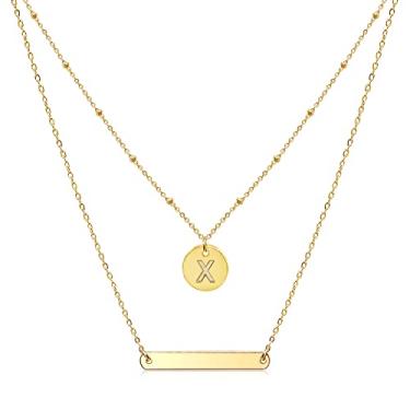 Imagem de Cryshimmer Gargantilha com inicial em camadas, feita à mão, banhada a ouro 14K, simples, bonita, corrente satélica, disco, pingente, ajustável, conjunto de colar em camadas de ouro para mulheres e meninas, Banhado a ouro, Sem Pedra Preciosa