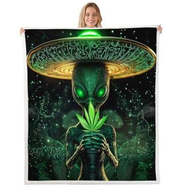 Imagem de Erosebridal Cobertor Alienígena Trippy Queen 90 x 90, Cobertor macio de nave espacial abstrata para sofá-cama, cobertor de sherpa botânico de maconha verde para crianças, meninos, adolescentes,