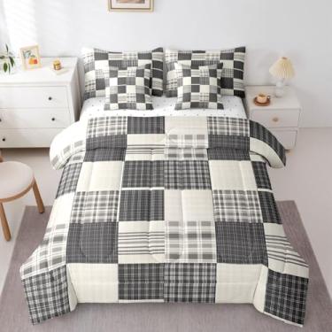 Imagem de Jogo de cama infantil com estampa de búfalo quadriculado, tamanho queen, vintage, geomético, para meninos e meninas, preto, bege, quadriculado, conjunto de edredom com lençóis, fronhas e capa de