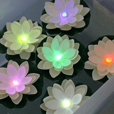 Imagem de LACGO 12 peças de luzes flutuantes de lótus - Lótus artificial LED à prova d'água, operado por bateria, ativada por água, mudando de cor, luzes falsas para almofada de lírio para piscina, lago,
