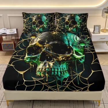 Imagem de AILONEN Jogo de lençol casal de caveira gótica, preto, verde, dourado, teia de aranha, terror gótico, estampa de caveira da morte, com 2 fronhas, 3 peças
