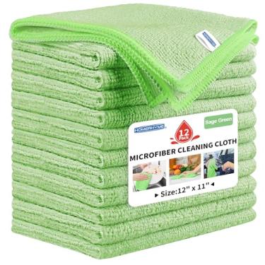 Imagem de HOMERHYME Pano de limpeza de microfibra, pacote com 12 panos de limpeza verde-sálvia para limpeza, toalhas de microfibra reutilizáveis para carro, cozinha, banheiro e suprimentos de limpeza doméstica