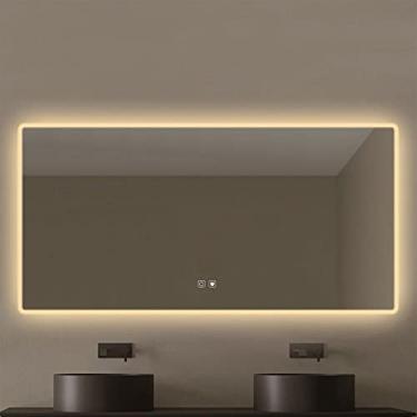 Imagem de TRGCJGH Espelho de banheiro iluminado por LED Espelho iluminado por LED para vaidade do banheiro Espelho de maquiagem montado na parede sem moldura com luz de fundo, luz quente - 70 x 50 cm