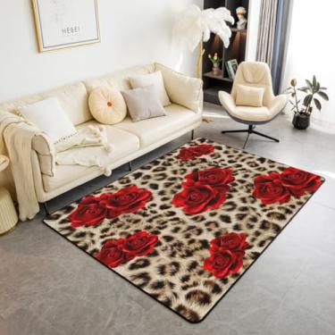 Imagem de Erosebridal Tapete de área com estampa de leopardo para crianças meninas, tapetes de sala de estar de rosa vermelha, tapete de guepardo marrom antiderrapante para quarto sala de jantar, safári vida selvagem animal flor floral tapete decorativo, 5x7
