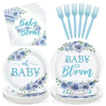 Imagem de Greencian Conjunto de utensílios de mesa com tema floral azul para chá de bebê em flor, 96 peças, pratos e guardanapos florais de primavera, para meninos e meninas, aniversário e sexo, suprimentos de