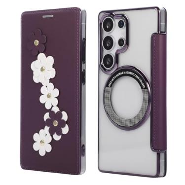Imagem de Capa carteira para Samsung Galaxy S24 Ultra, 3 compartimentos para cartão e anel magnético, bloqueio RFID, compatível com carregamento sem fio, traseira transparente, design floral de couro, proteção