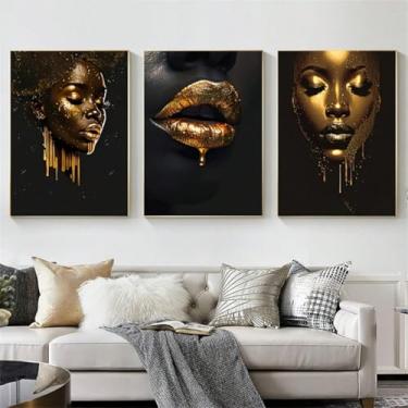 Imagem de Conjunto de arte em tela de mulher africana chique - Retratos dourados e pretos com lábios ousados, decoração de parede estilo pop moderno para sala de estar (Observação: sem moldura), 20 x 30 cm