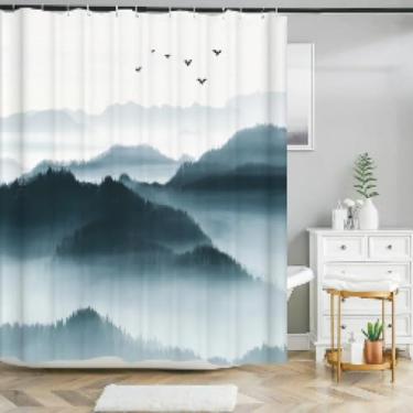 Imagem de Cortina de chuveiro com estampa de nevoeiro de montanha cortina de chuveiro impermeável de tecido de poliéster cortinas de banho decoração com ganchos 35x63in-90x160 cm/LxA cortinas de chuveiro