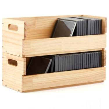 Imagem de CroBlissful 2 conjuntos de suportes de caixa de armazenamento de CD de madeira, prateleiras de fita cassete com alças de transporte, prateleira organizadora para capas de filmes, DVDs, cada conjunto