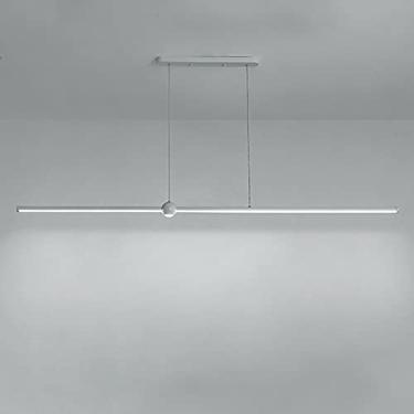 Imagem de Luminária pendente tubular longa, luminária de suspensão linear em metal, lustre moderno de LED, luminárias pendentes brancas com detalhes canelados, luminárias decorativas para sala de jant