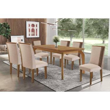 Imagem de Sala Jantar Mesa Londrina Tampo Curvo 180cm+6 Cadeiras Tilia Madeira Naturale - Capuccino/Suede Creme - Rufato