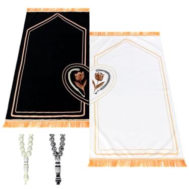 Imagem de Tegeme Conjunto de 2 peças de tapete de oração para casal muçulmano com 2 peças delicadas contas de oração coração rosa design preto branco veludo macio tapete muçulmano para mulheres homens Ramadã