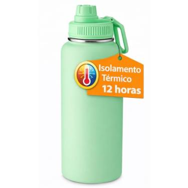 Imagem de Garrafa Térmica de Água 1 Litro Inox, Isolamento a Vácuo, Alça e Tampa Antivazamento (Verde Claro)