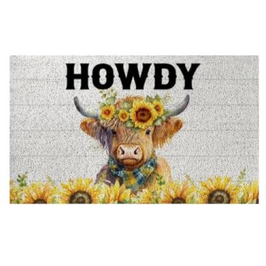 Imagem de ISANOU Tapete de porta Howdy Welecome engraçado, tapete de porta externo aquarela vaca highland girassol, capacho antiderrapante para casa de fazenda, entrada interna e externa, 76 x 43 centímetros