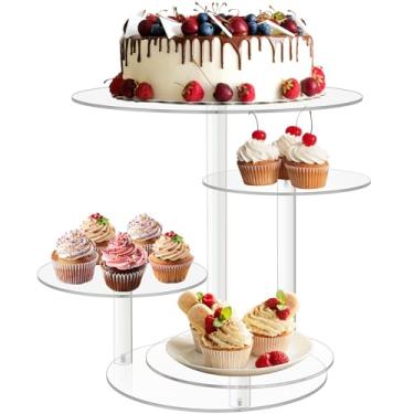 Imagem de Primst Suporte de cupcake, suporte de acrílico para bolo de 4 camadas, combo de bolo redondo e cupcake para bolos de 20 a 30 cm, suporte de exibição de sobremesa transparente para mesa de sobremesa