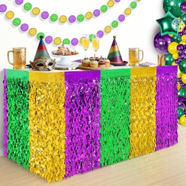 Imagem de Decorações de festa de Mardi Gras, pacote com 2 saias de mesa com franjas de folha de estanho metálico, retangulares perfeitos ou decoração de mesa redonda para carnaval carnaval aniversário casa