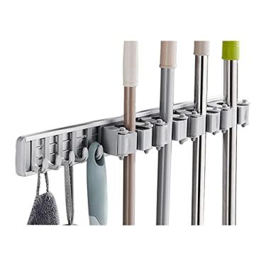 Imagem de Suporte para Mop e Vassoura com Ganchos Organizador de Alumínio Montado na Parede Instalação Perfuração Econômico Espaço Alta Capacidade Carga Cozinha