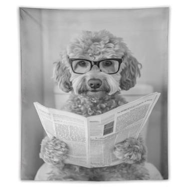 Imagem de Tapeçaria de leitura de poodle com óculos, preto e branco, cena de banheiro, arte engraçada para pendurar na parede, decoração de casa caprichosa para banheiro, sala de estar, ambiente lúdico
