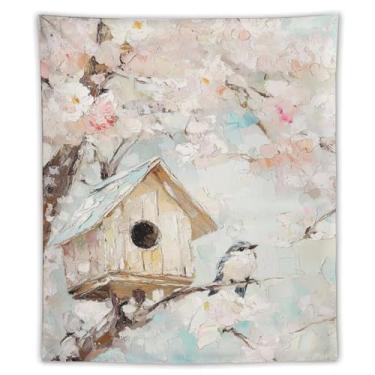 Imagem de Tapeçaria de flor de cerejeira Spring Birdhouse, pintura a óleo, decoração de parede de árvore de pássaro fofo, decoração de jardim sazonal suave para sala de estar, quarto, decoração de arte de