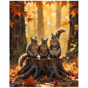 Imagem de Kit de pintura de floresta animal por números para adultos - DIY pintura de três esquilos em toco de árvore em tela 30 x 40 cm, conjunto de tinta acrílica emoldurada, adequado para iniciantes, arte