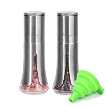 Imagem de Aelga Conjunto de moedor de sal e pimenta com funil de silicone – Moinhos manuais de vidro pequenos com núcleo de cerâmica ajustável e manga de aço inoxidável, utensílios de cozinha recarregáveis