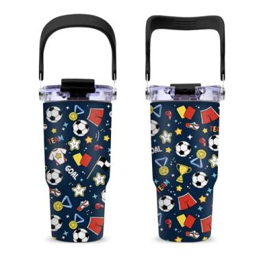 Imagem de CGMIBAS Copos de futebol de 590 ml - Copo com alça de palha para futebol, à prova de vazamento, livre de BPA, isolamento de parede dupla, copo de presente esportivo para meninos e homens, copo de café