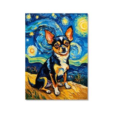 Imagem de Pintura a óleo floral colorida abstrata Van-Gogh Dog Starry Night Pôster em tela de arte de parede impressões engraçadas de animais para decoração de casa e sala de estar de fazenda (SKU11,16x24") =