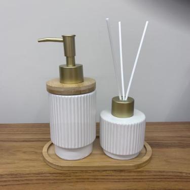 Imagem de Kit Banheiro Premium 3 Peças Saboneteira + Difusor + Bandeja em Porcelana Luxo Preto e Branco – Lavabo e Banheiro(Branco Linhas 2)