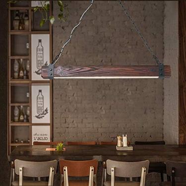 Imagem de Luminária pendente vintage de madeira com LED, estilo lustre de ferro forjado com altura ajustável, ideal para sala de estar, restaurante, café ou bar.